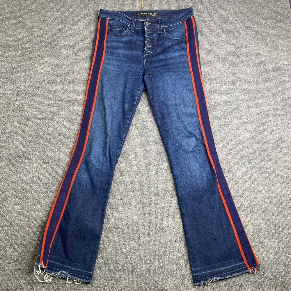 Veronica Beard Carolyn Baby Boot Jeans Midnight Navy Red Side Stripe Size 26